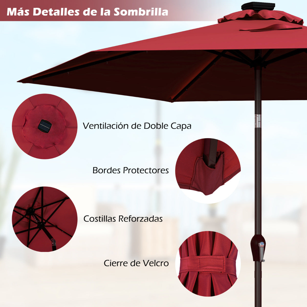 Paraguas con luces de jardín LED en hierro de Ø270 cm Parasol exterior Rojo vino