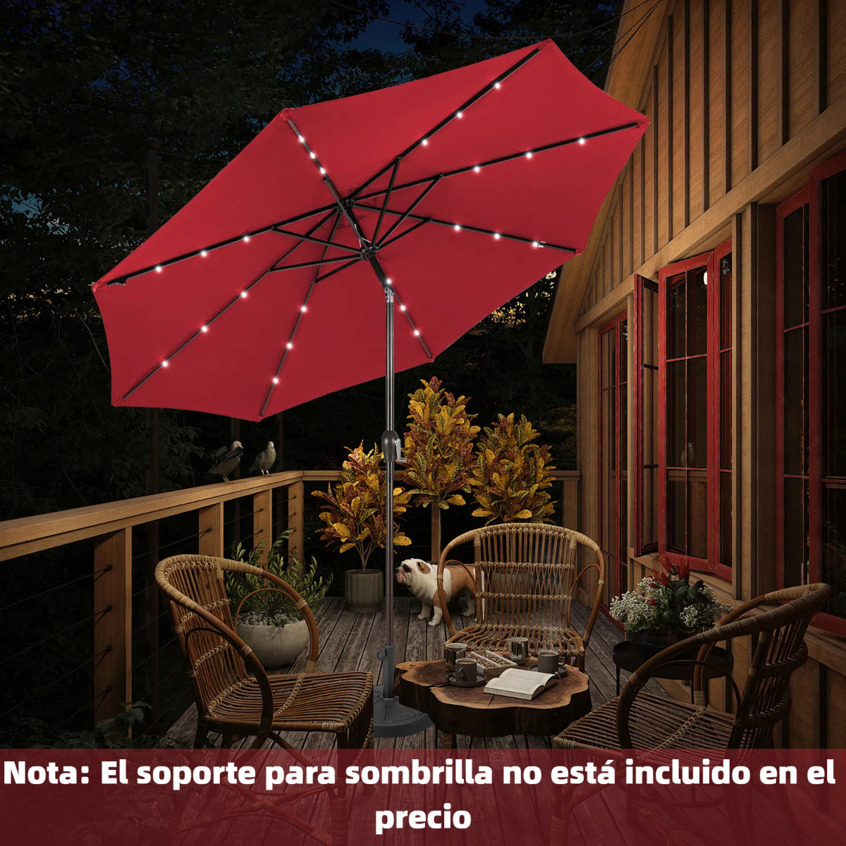 3M Solar LED Sombrilla de Playa Plegable Quitasol Parasol para Jardín Patio Balcón Rojo Vino