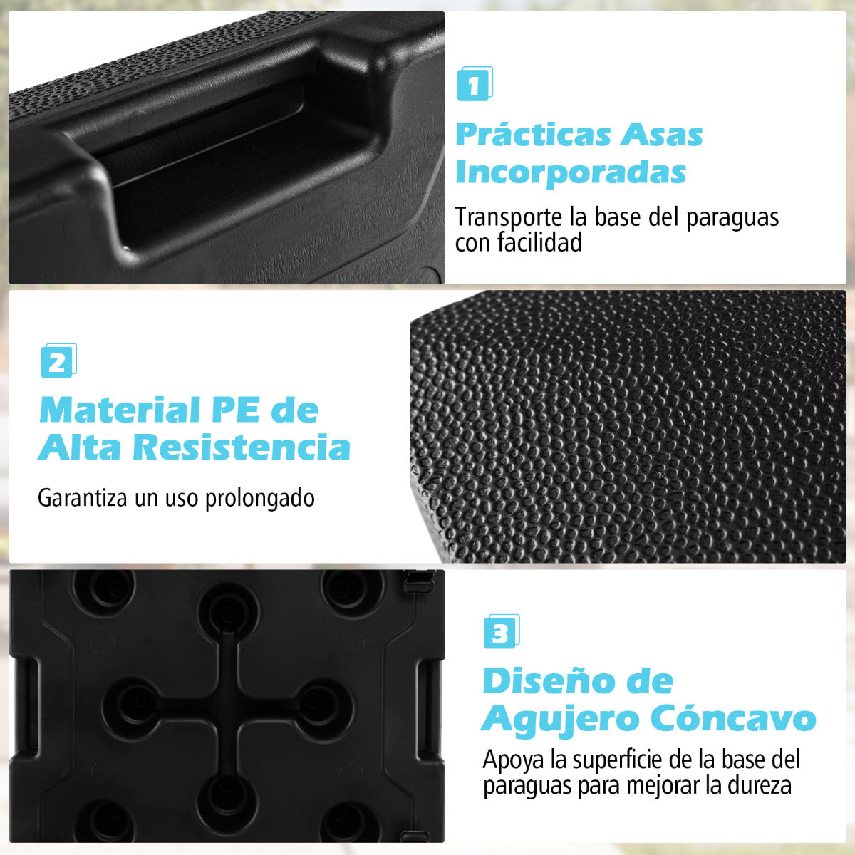 Soporte de Base de Sombrilla Rellenable con Ruedas Universales Bloqueables Base Cuadrada Resistente al Viento para Patio Hasta 24,5 KG Negro