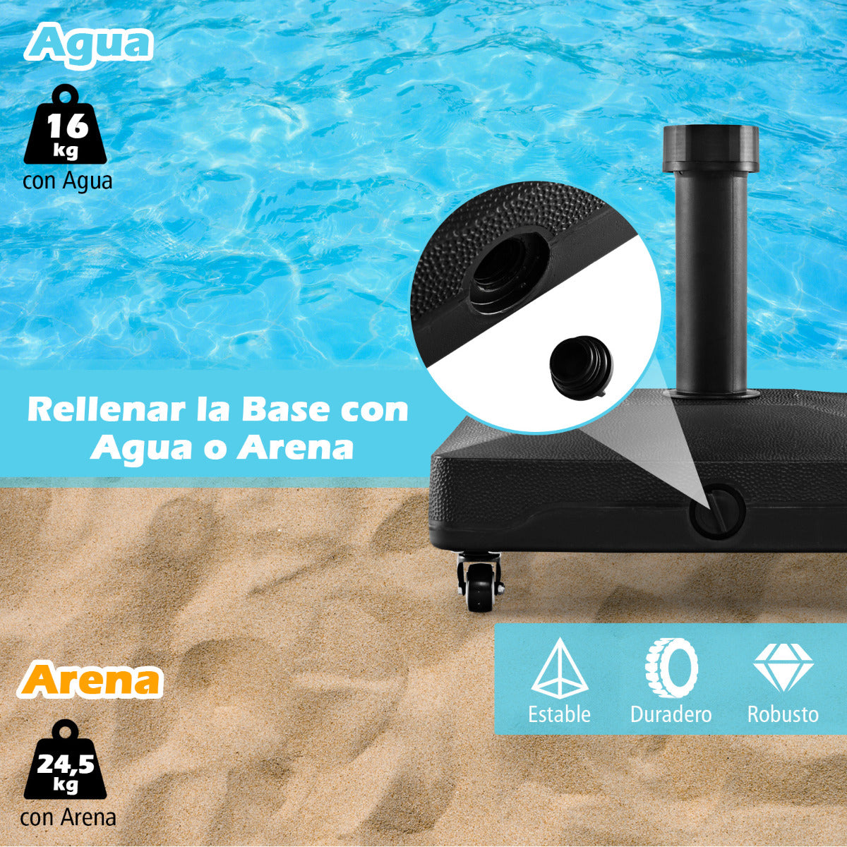 Soporte de Base de Sombrilla Rellenable con Ruedas Universales Bloqueables Base Cuadrada Resistente al Viento para Patio Hasta 24,5 KG Negro