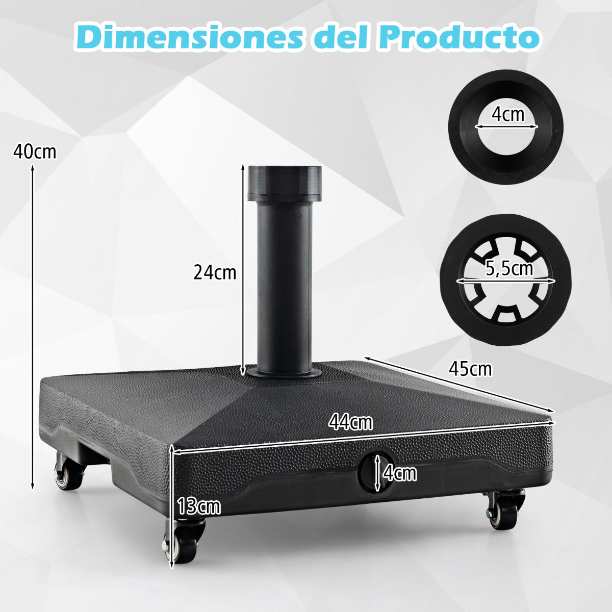 Soporte de Base de Sombrilla Rellenable con Ruedas Universales Bloqueables Base Cuadrada Resistente al Viento para Patio Hasta 24,5 KG Negro