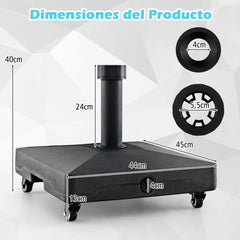 Soporte de Base de Sombrilla Rellenable con Ruedas Universales Bloqueables Base Cuadrada Resistente al Viento para Patio Hasta 24,5 KG Negro