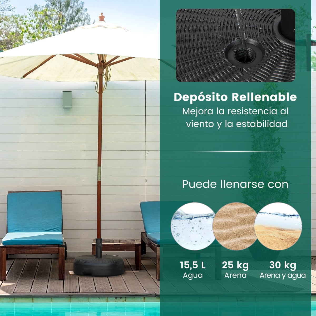 Soporte de Base de Sombrilla Redonda de 45 cm para Llenar de Agua y Arena Base de Jardín para Postes de Sombrilla de 38 y 48 mm Negro