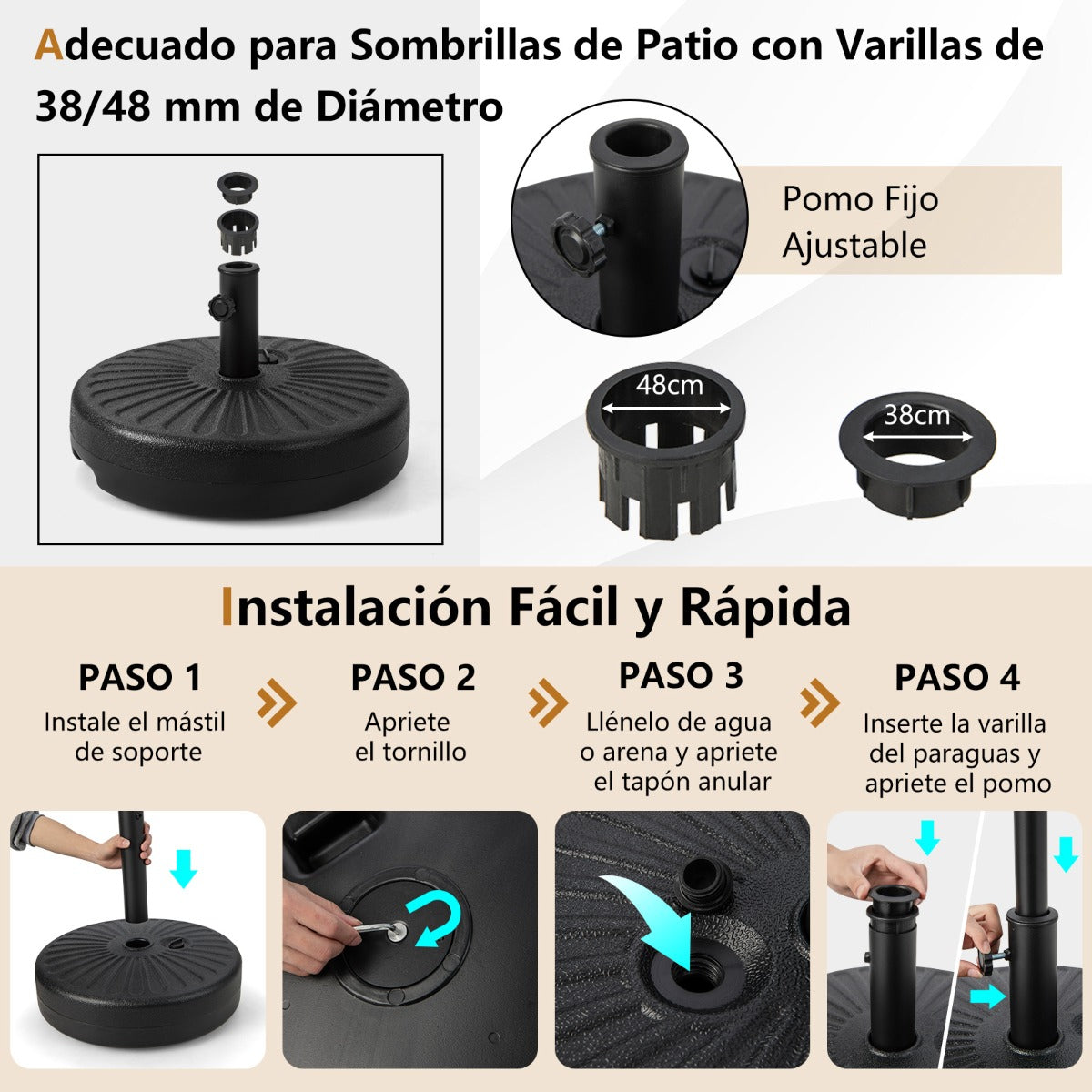 Soporte de Base de Sombrilla Redonda Rellenable de 50 cm para Postes de Sombrilla de 38 y 48 mm para Jardín y Patio Carga 34 kg Negro