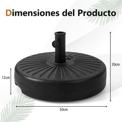 Soporte de Base de Sombrilla Redonda Rellenable de 50 cm para Postes de Sombrilla de 38 y 48 mm para Jardín y Patio Carga 34 kg Negro