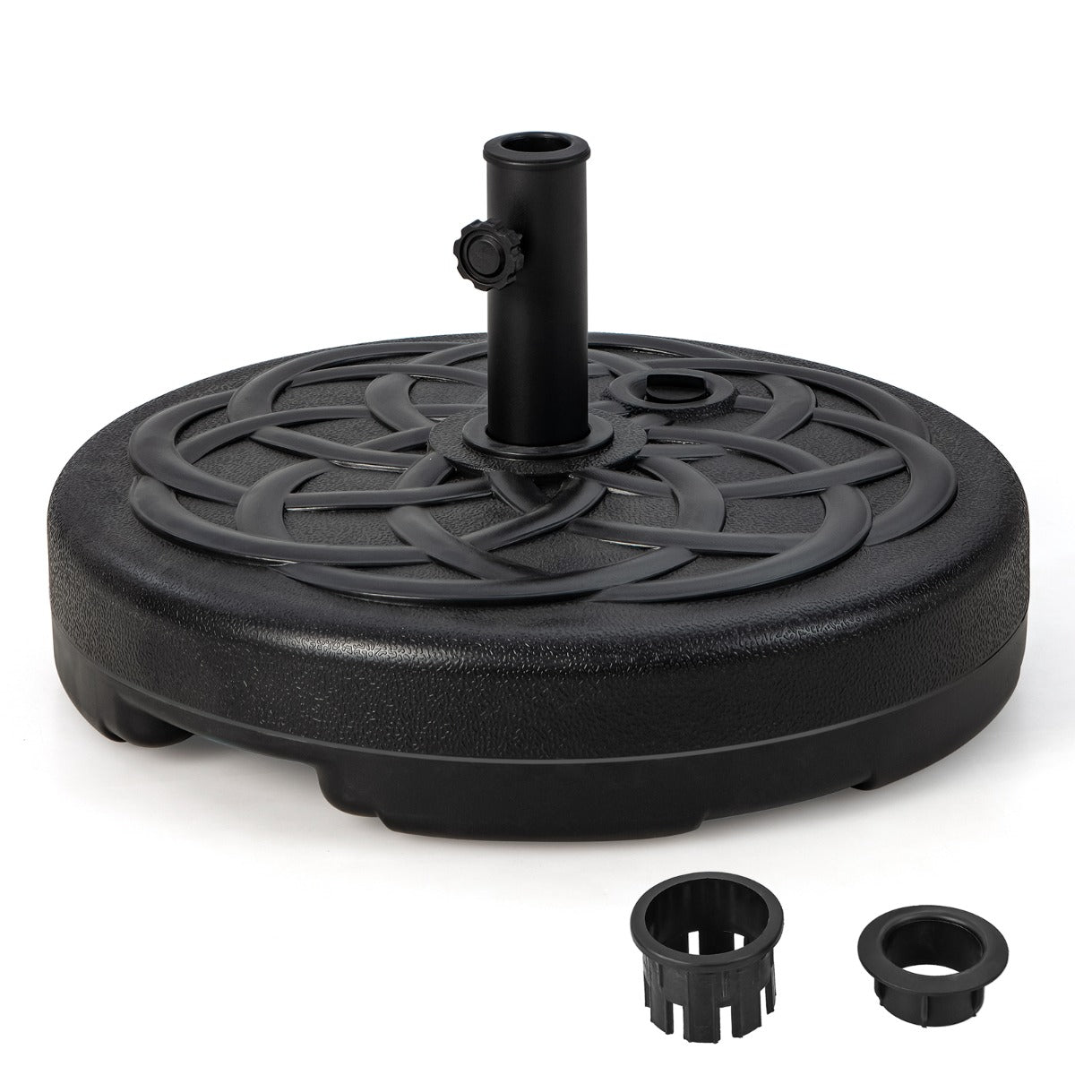 Soporte de Base para Sombrilla Redonda de 56 cm Rellenable con Agua y Arena para Postes de Sombrillas de 38 y 48mm para Jardín Negro