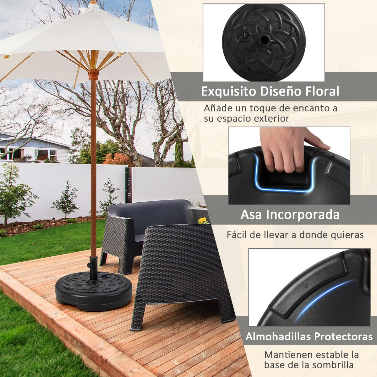 Soporte de Base para Sombrilla Redonda de 56 cm Rellenable con Agua y Arena para Postes de Sombrillas de 38 y 48mm para Jardín Negro