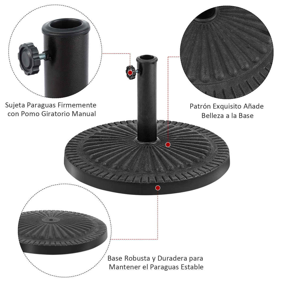 Soporte de Base Redonda de 49,5 cm para Sombrilla Resistente de Patio con Perilla de Ajuste Poste de Hierro Patrón Decorativo Bronce