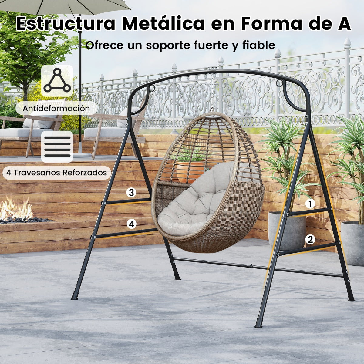 Soporte de Columpio de Metal Carga 300 kg con 4 Barras de Apoyo 2 Métodos de Suspensión Negro