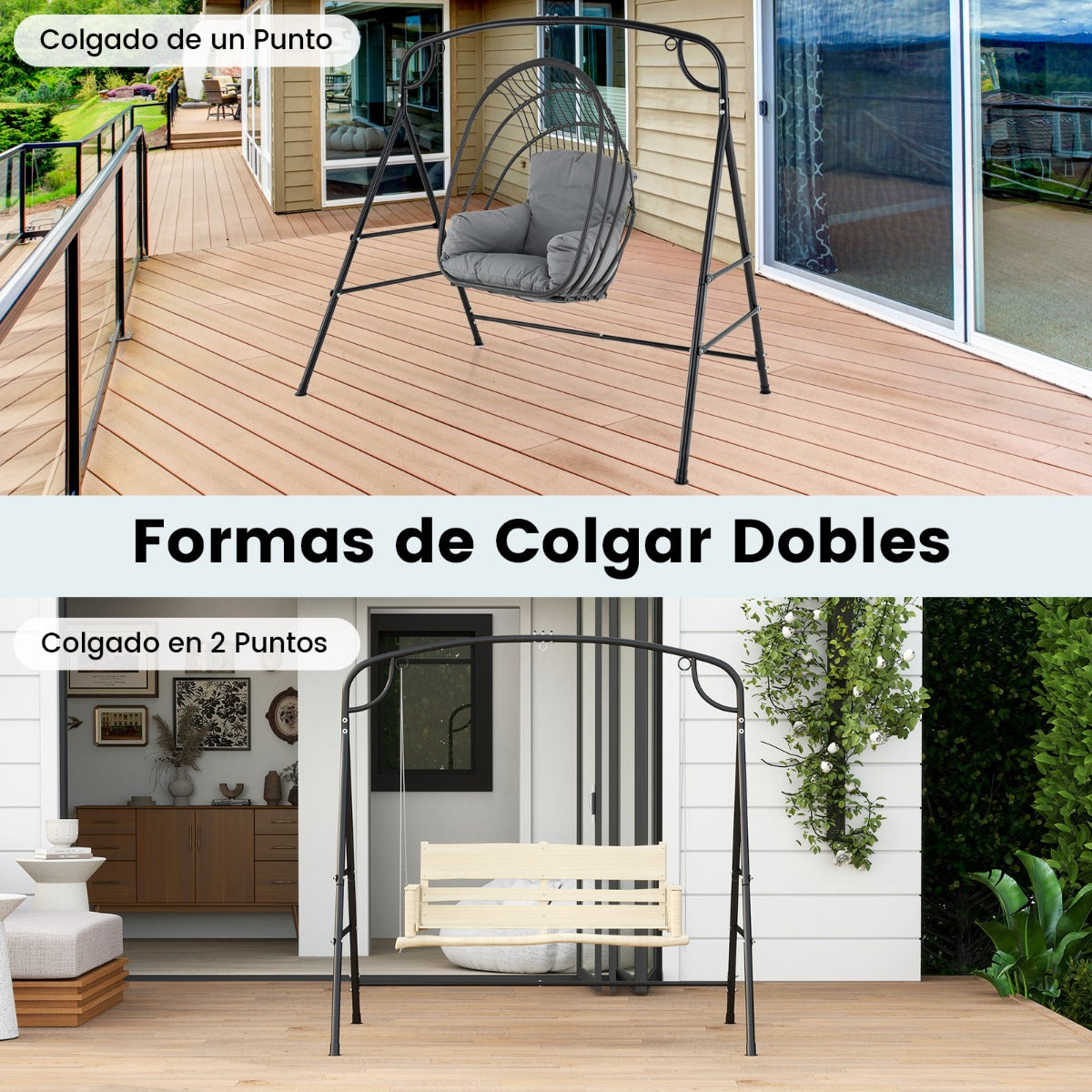 Soporte de Columpio de Metal Carga 300 kg con 4 Barras de Apoyo 2 Métodos de Suspensión Negro