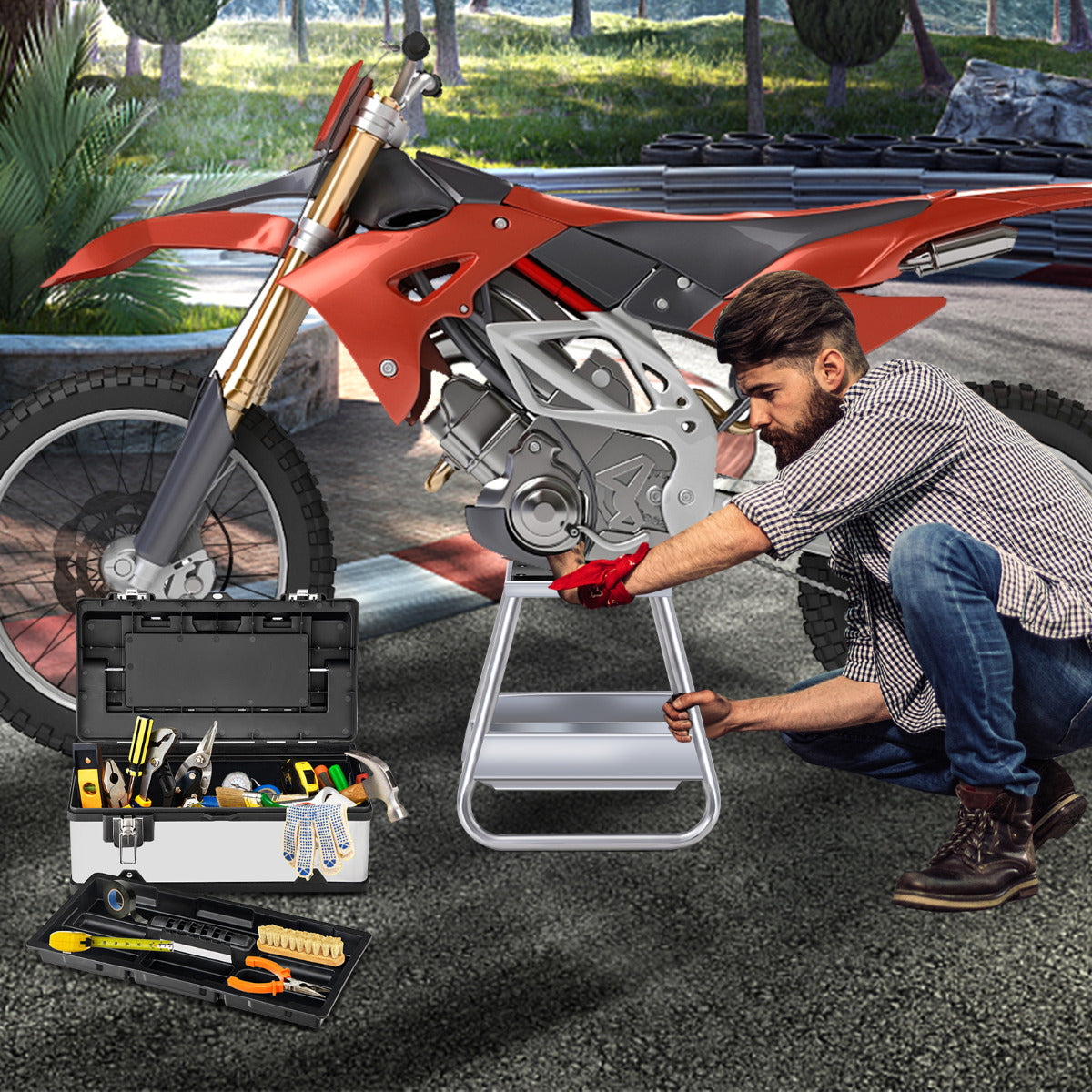 Soporte de Elevación para Motocicleta de Metal Resistente con Parte Superior Antideslizante Bandeja de Aceite Extraíble Carga 450 kg