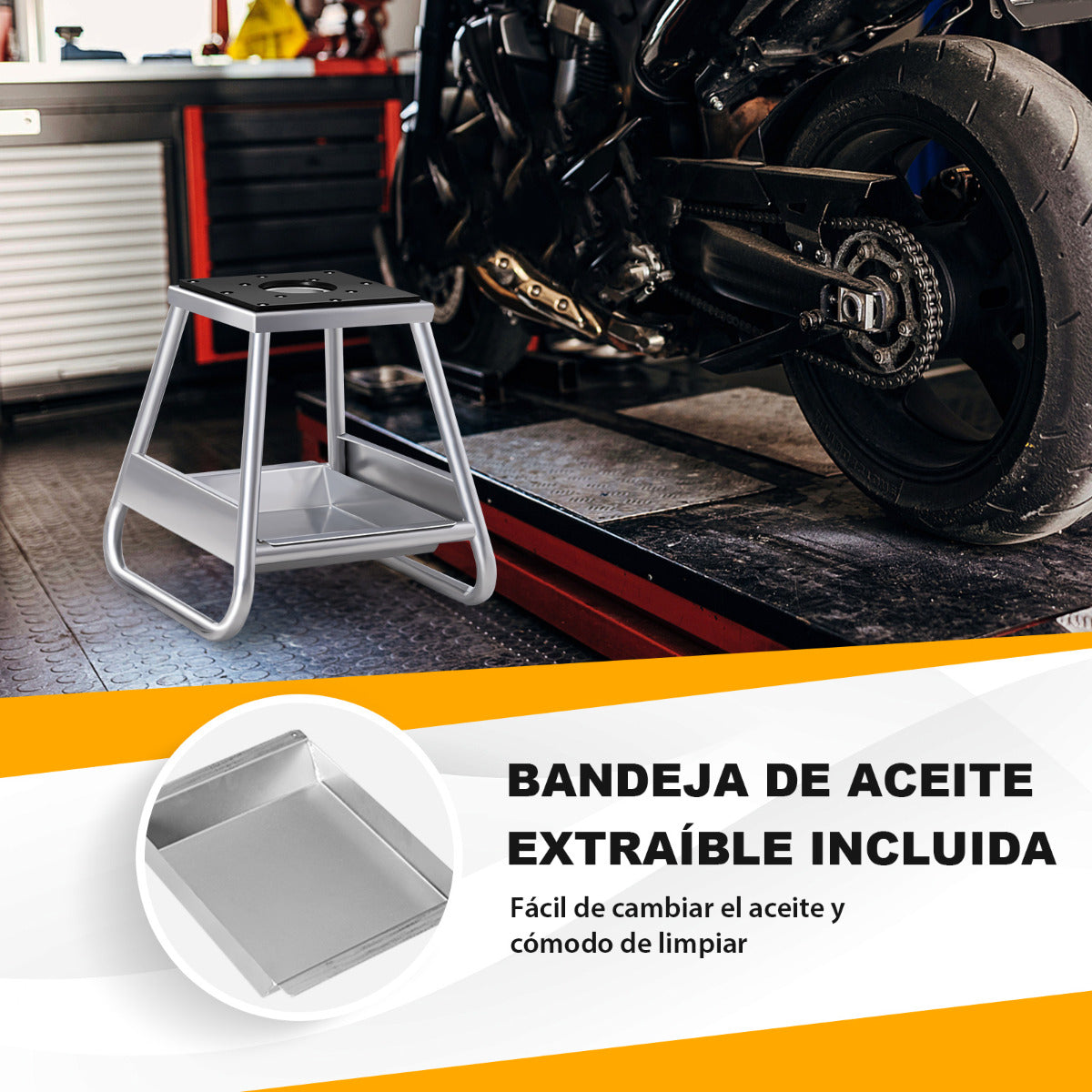 Soporte de Elevación para Motocicleta de Metal Resistente con Parte Superior Antideslizante Bandeja de Aceite Extraíble Carga 450 kg