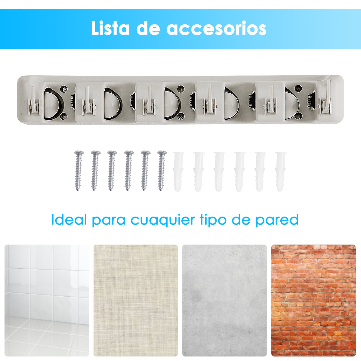 Soporte de Fregona Montado en Pared Organizador Cepillo Escoba 6 Ganchos Almacenamiento en Cocina Baño