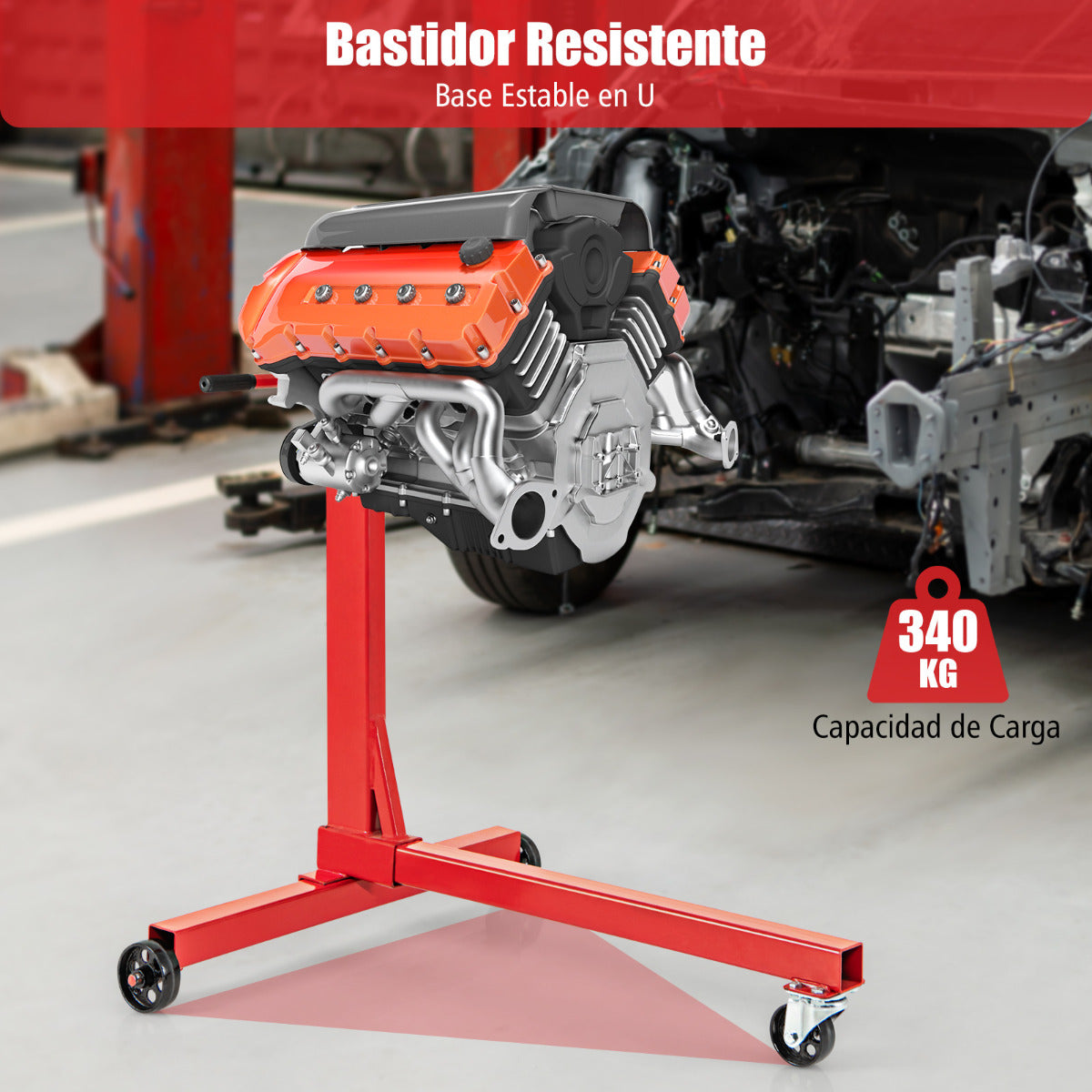 Soporte de Motor de Capacidad de 3 Toneladas 3 Ruedas Servicio Pesado con Cabezal Giratorio de 360 ° y 4 Brazos Ajustables Rojo