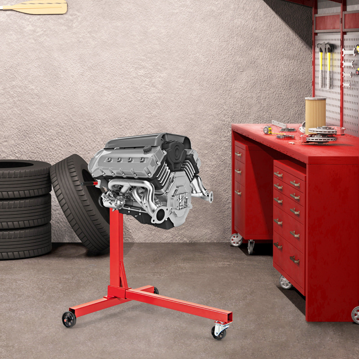 Soporte de Motor de Capacidad de 3 Toneladas 3 Ruedas Servicio Pesado con Cabezal Giratorio de 360 ° y 4 Brazos Ajustables Rojo