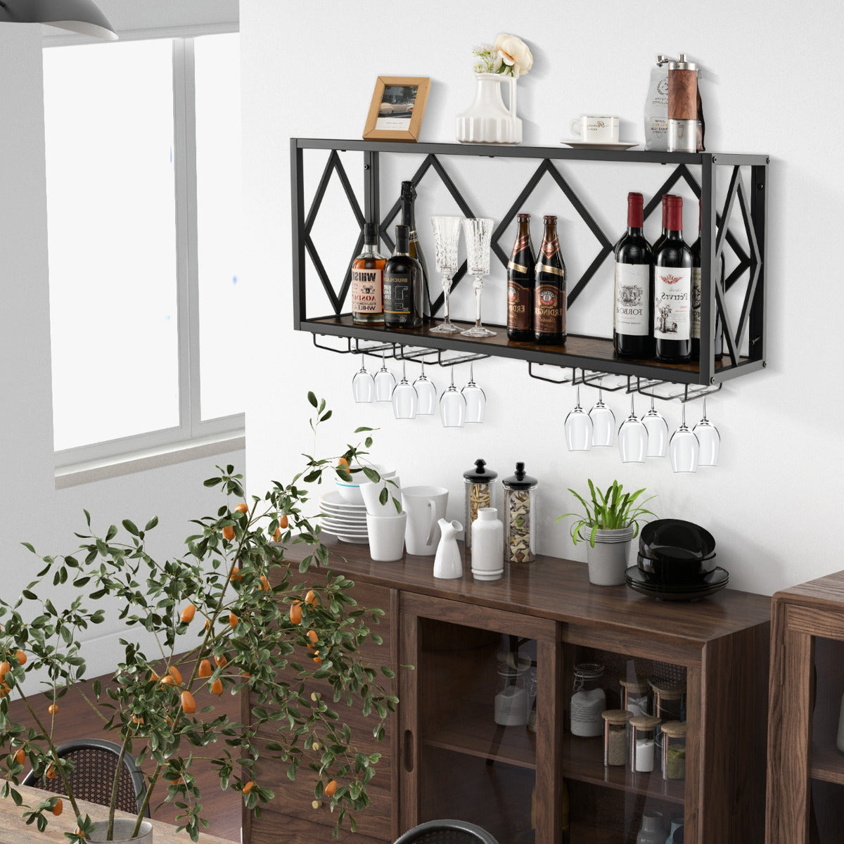 Soporte de Pared para 39 Botellas de Vino Estantería de Exhibición de Vino con Portabotellas 12 Copas para Cocina Comedor 100 x 25 x 45 cm