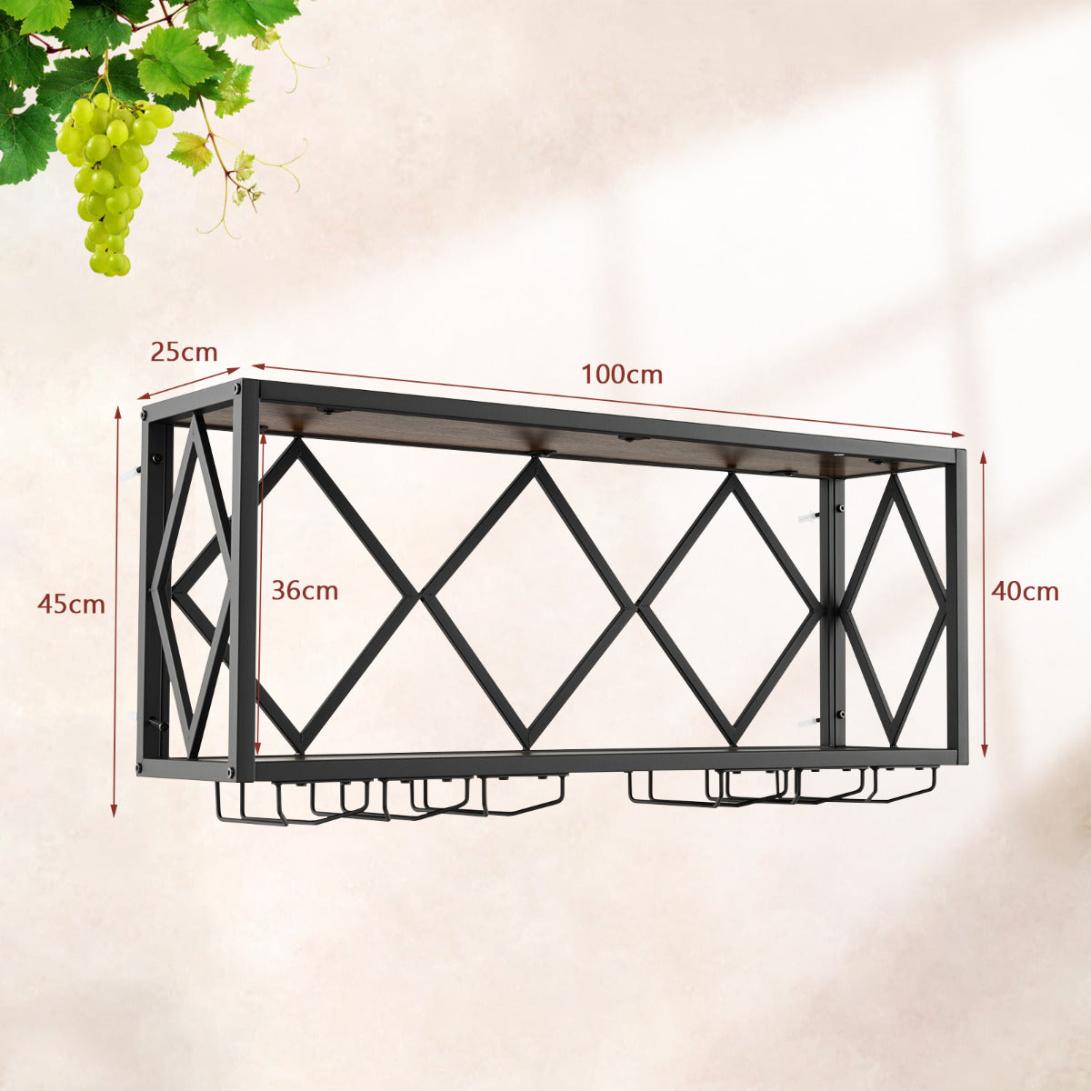 Soporte de Pared para 39 Botellas de Vino Estantería de Exhibición de Vino con Portabotellas 12 Copas para Cocina Comedor 100 x 25 x 45 cm
