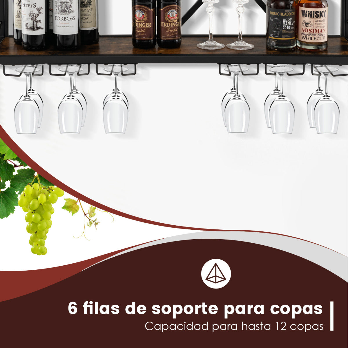 Soporte de Pared para 39 Botellas de Vino Estantería de Exhibición de Vino con Portabotellas 12 Copas para Cocina Comedor 100 x 25 x 45 cm