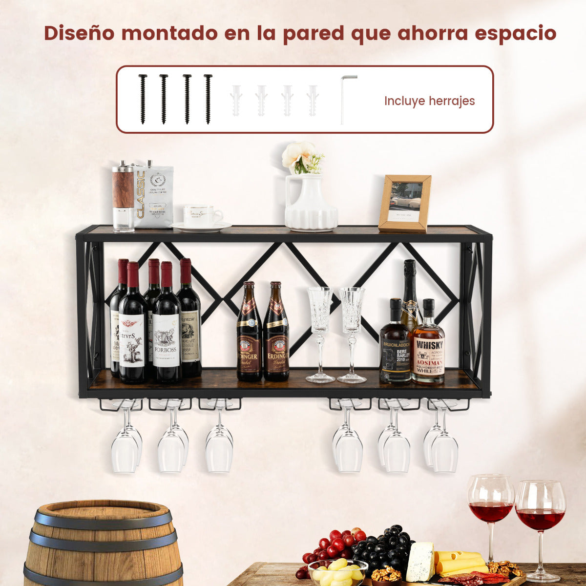 Soporte de Pared para 39 Botellas de Vino Estantería de Exhibición de Vino con Portabotellas 12 Copas para Cocina Comedor 100 x 25 x 45 cm