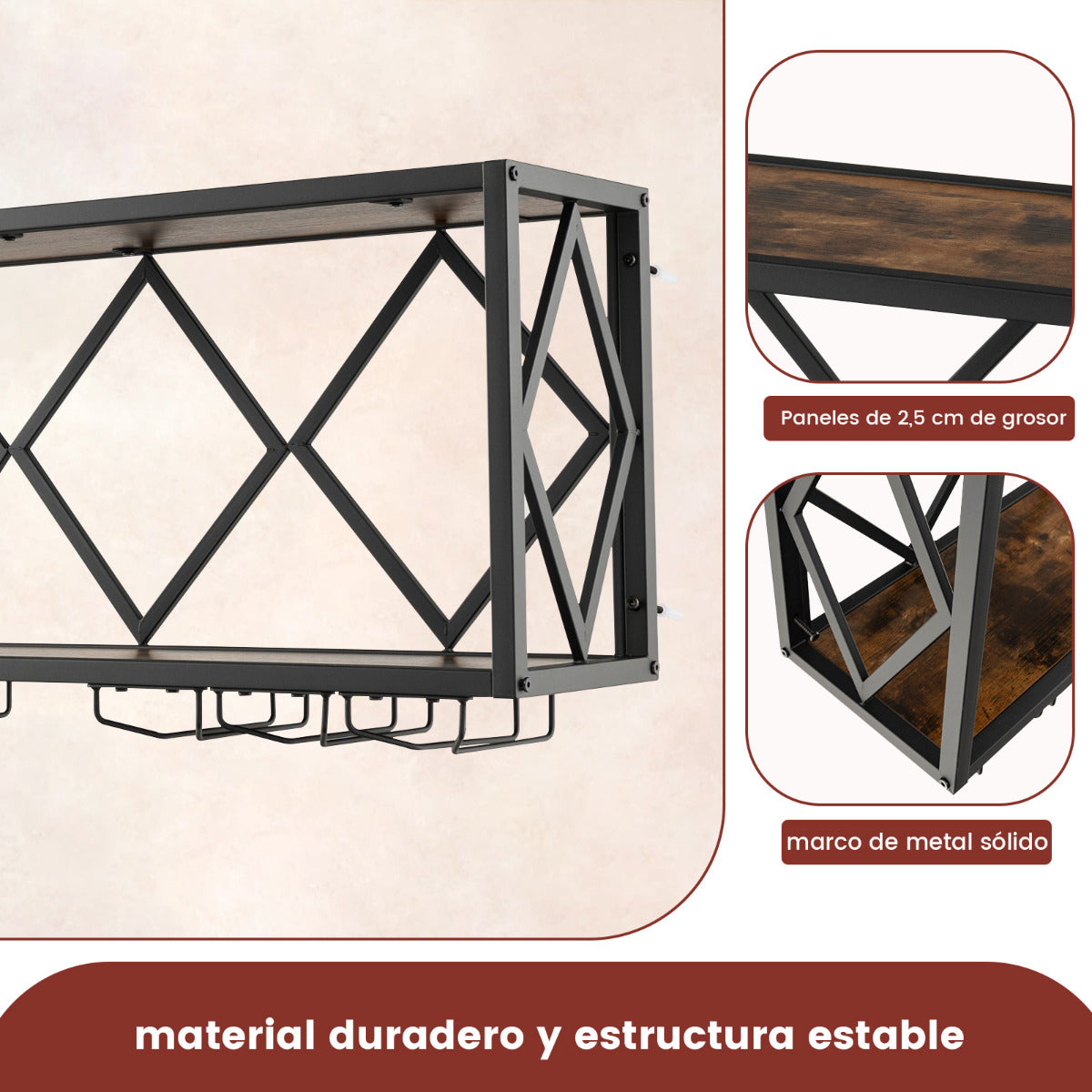 Soporte de Pared para 39 Botellas de Vino Estantería de Exhibición de Vino con Portabotellas 12 Copas para Cocina Comedor 100 x 25 x 45 cm