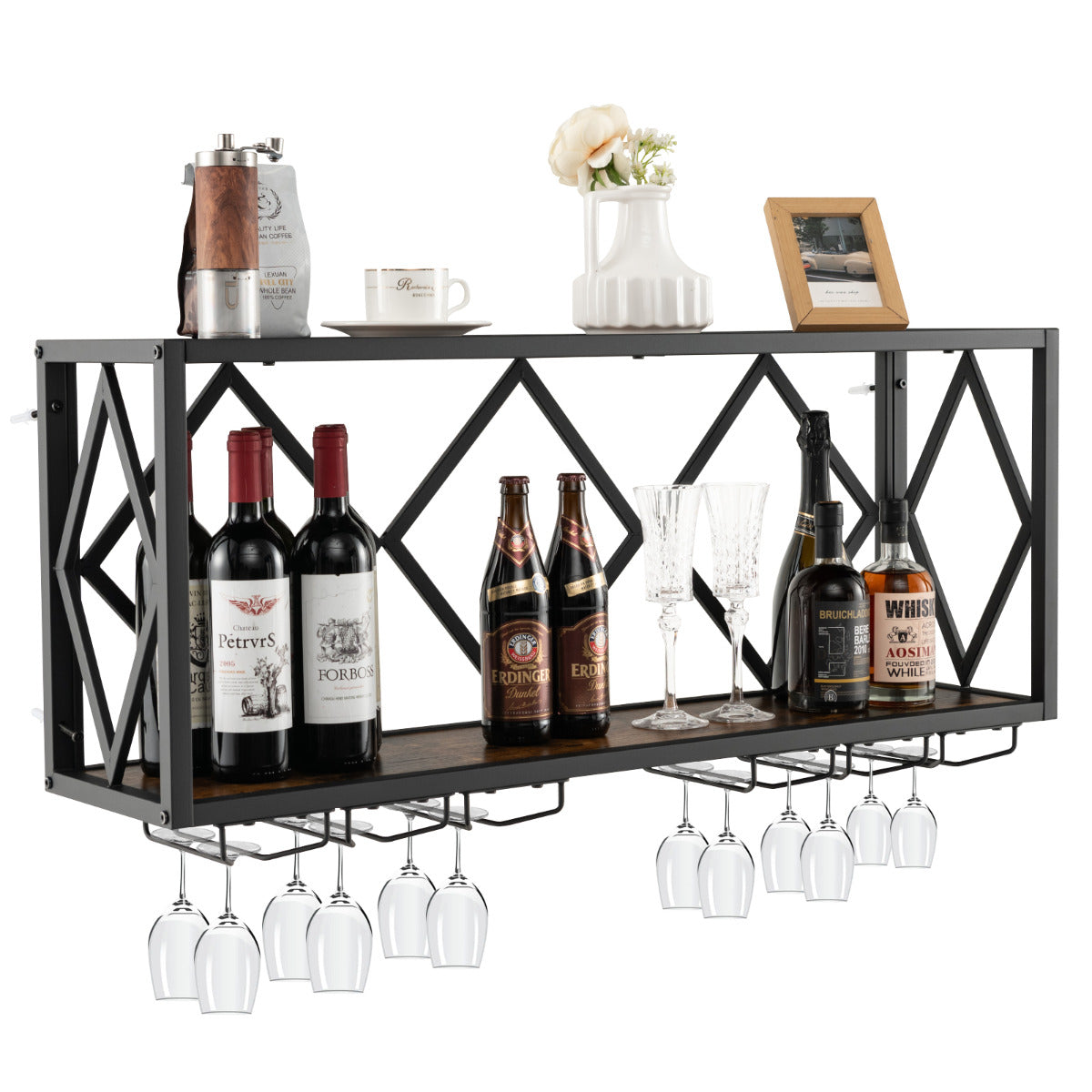 Soporte de Pared para 39 Botellas de Vino Estantería de Exhibición de Vino con Portabotellas 12 Copas para Cocina Comedor 100 x 25 x 45 cm