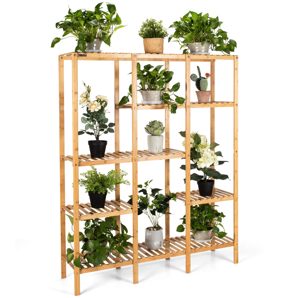 Soporte de Planta de Bambú Estante de 5 Niveles con Capacidad para 12 Macetas Organizador Soporte para Exhibición para Patio Jardín Balcón