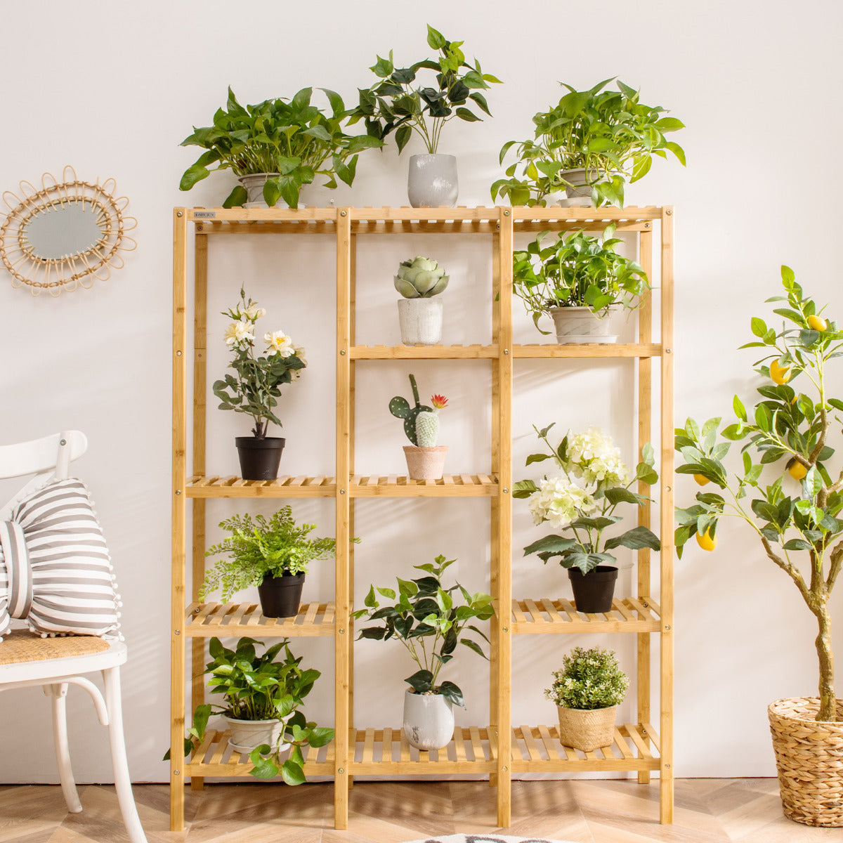 Soporte de Planta de Bambú Estante de 5 Niveles con Capacidad para 12 Macetas Organizador Soporte para Exhibición para Patio Jardín Balcón