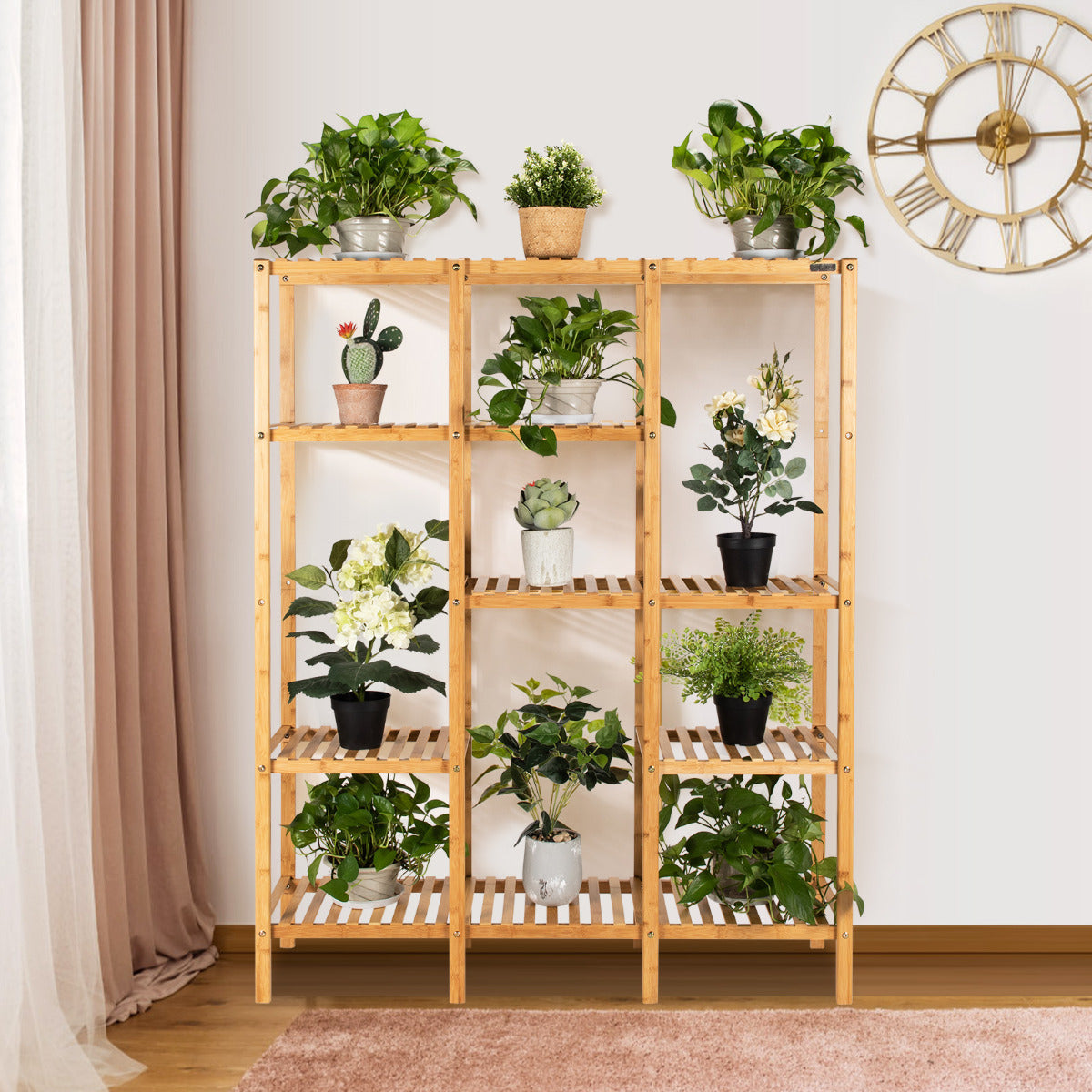 Soporte de Planta de Bambú Estante de 5 Niveles con Capacidad para 12 Macetas Organizador Soporte para Exhibición para Patio Jardín Balcón