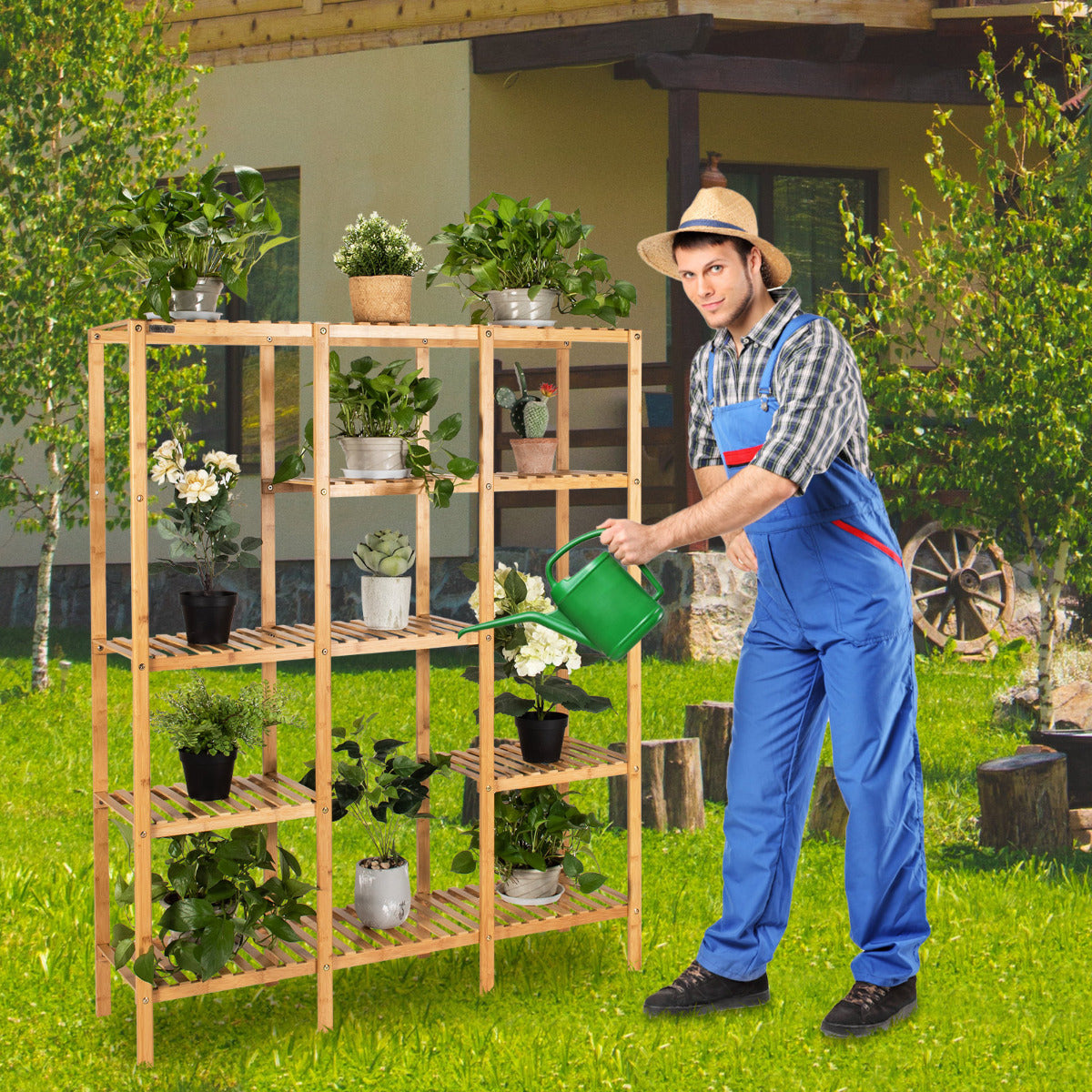 Soporte de Planta de Bambú Estante de 5 Niveles con Capacidad para 12 Macetas Organizador Soporte para Exhibición para Patio Jardín Balcón