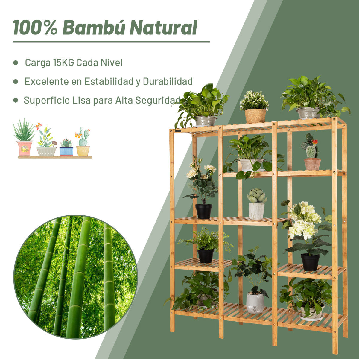 Soporte de Planta de Bambú Estante de 5 Niveles con Capacidad para 12 Macetas Organizador Soporte para Exhibición para Patio Jardín Balcón