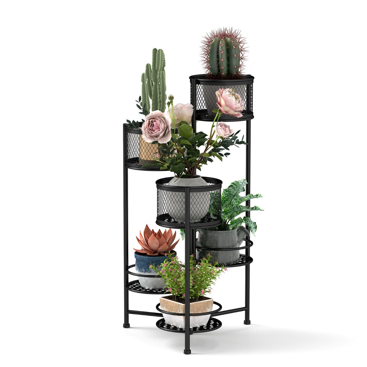 Estante Plegable de 6 Niveles para Plantas de Metal Soporte para 6 Macetas y Exhibición con Bandeja Articulada Elegante 41 x 39 x 82 cm Negro
