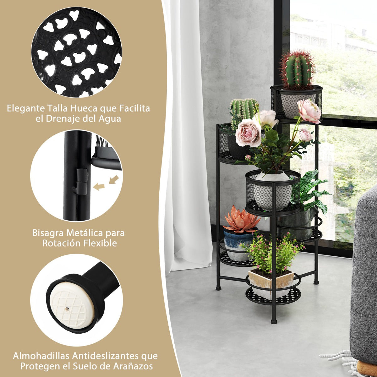 Estante Plegable de 6 Niveles para Plantas de Metal Soporte para 6 Macetas y Exhibición con Bandeja Articulada Elegante 41 x 39 x 82 cm Negro