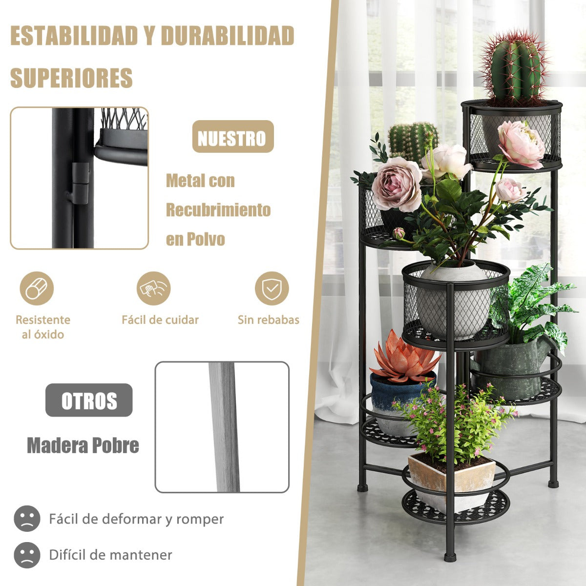Estante Plegable de 6 Niveles para Plantas de Metal Soporte para 6 Macetas y Exhibición con Bandeja Articulada Elegante 41 x 39 x 82 cm Negro