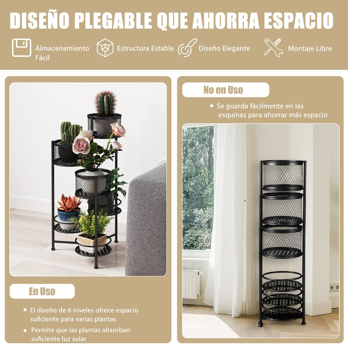 Estante Plegable de 6 Niveles para Plantas de Metal Soporte para 6 Macetas y Exhibición con Bandeja Articulada Elegante 41 x 39 x 82 cm Negro