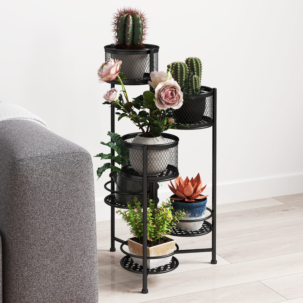 Estante Plegable de 6 Niveles para Plantas de Metal Soporte para 6 Macetas y Exhibición con Bandeja Articulada Elegante 41 x 39 x 82 cm Negro