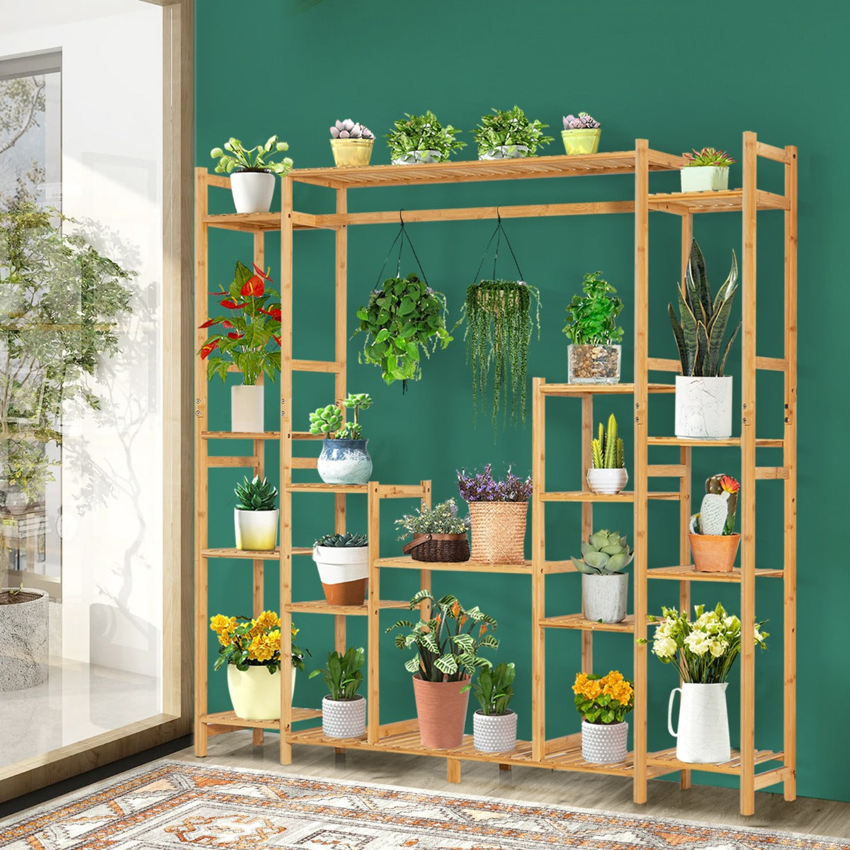 Soporte de Plantas de Bambú 2 en 1 Estante Colgante 9 Niveles Altura Ajustable Estantería para Balcón Jardín 167 x 30 x 166 cm Natural