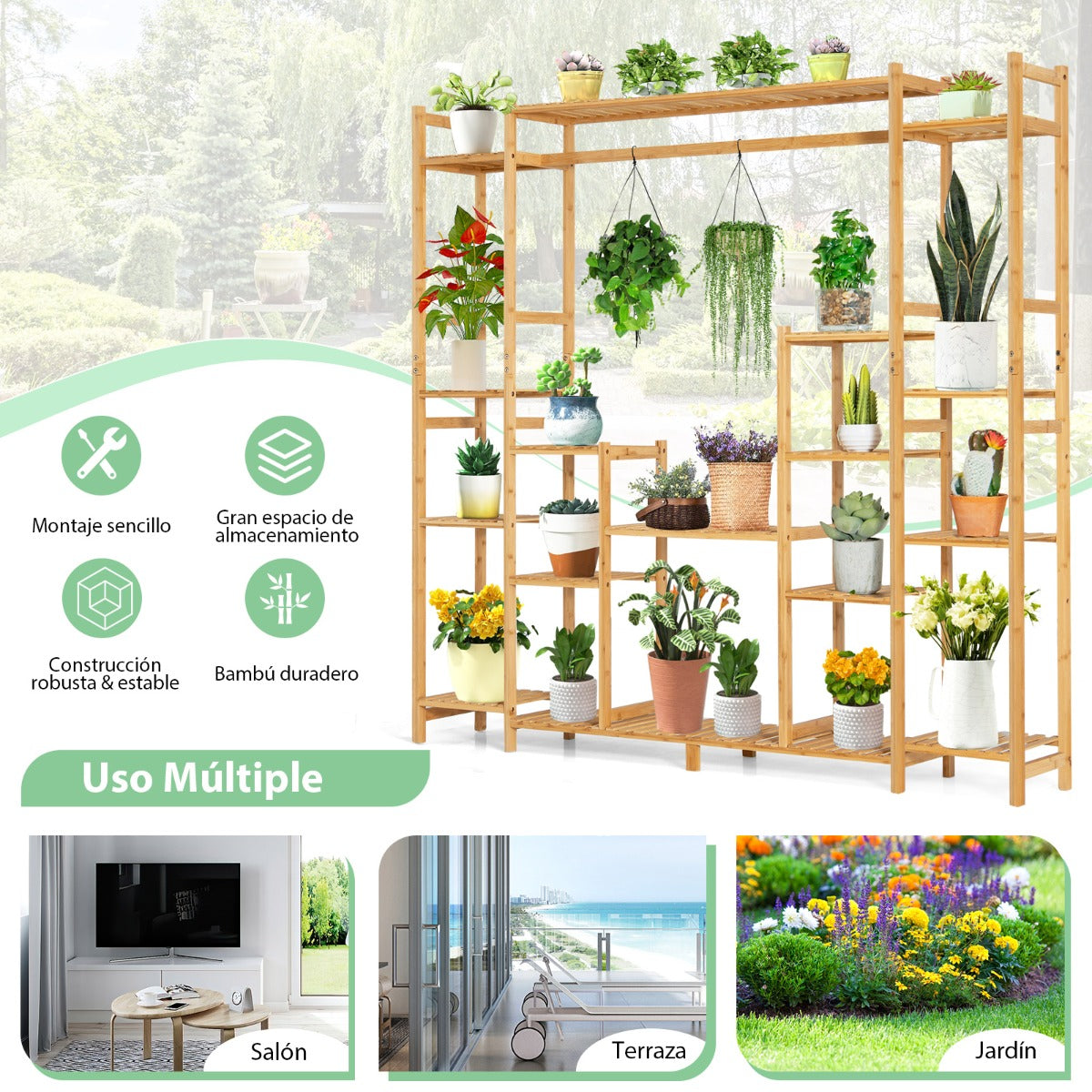 Soporte de Plantas de Bambú 2 en 1 Estante Colgante 9 Niveles Altura Ajustable Estantería para Balcón Jardín 167 x 30 x 166 cm Natural