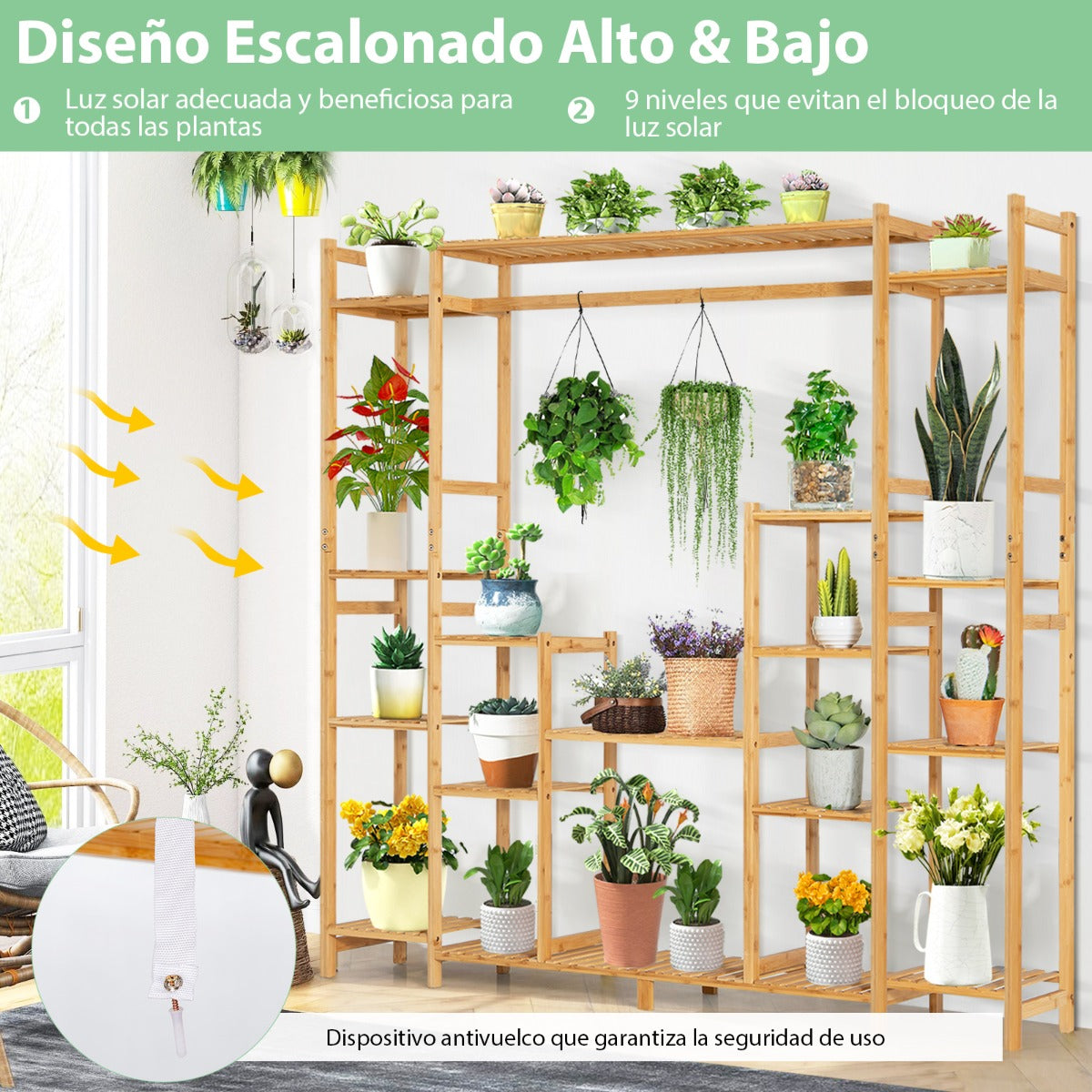 Soporte de Plantas de Bambú 2 en 1 Estante Colgante 9 Niveles Altura Ajustable Estantería para Balcón Jardín 167 x 30 x 166 cm Natural