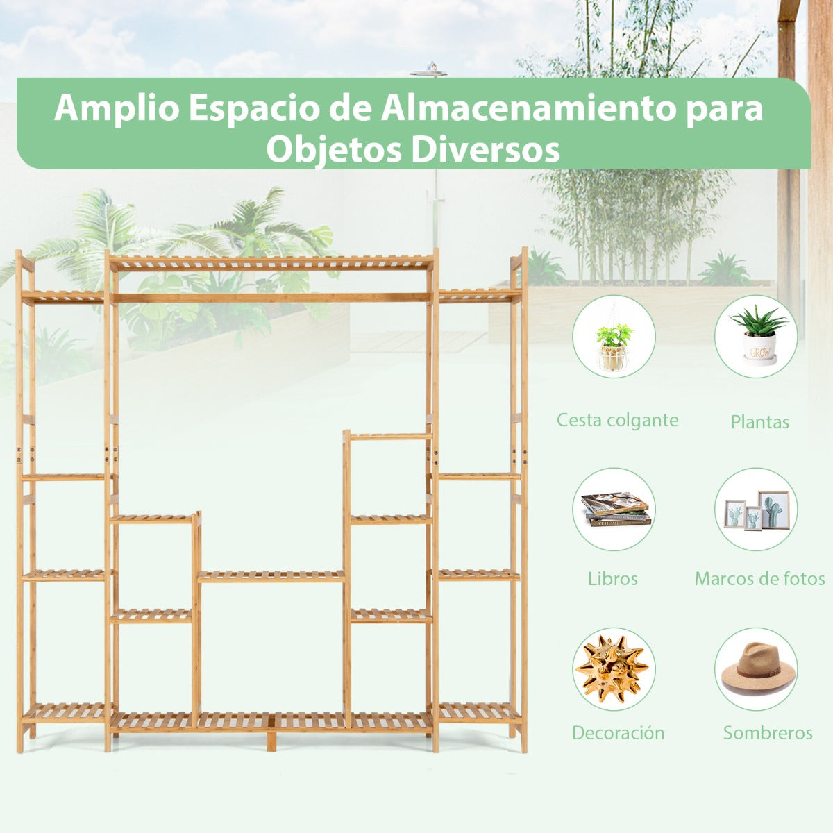 Soporte de Plantas de Bambú 2 en 1 Estante Colgante 9 Niveles Altura Ajustable Estantería para Balcón Jardín 167 x 30 x 166 cm Natural