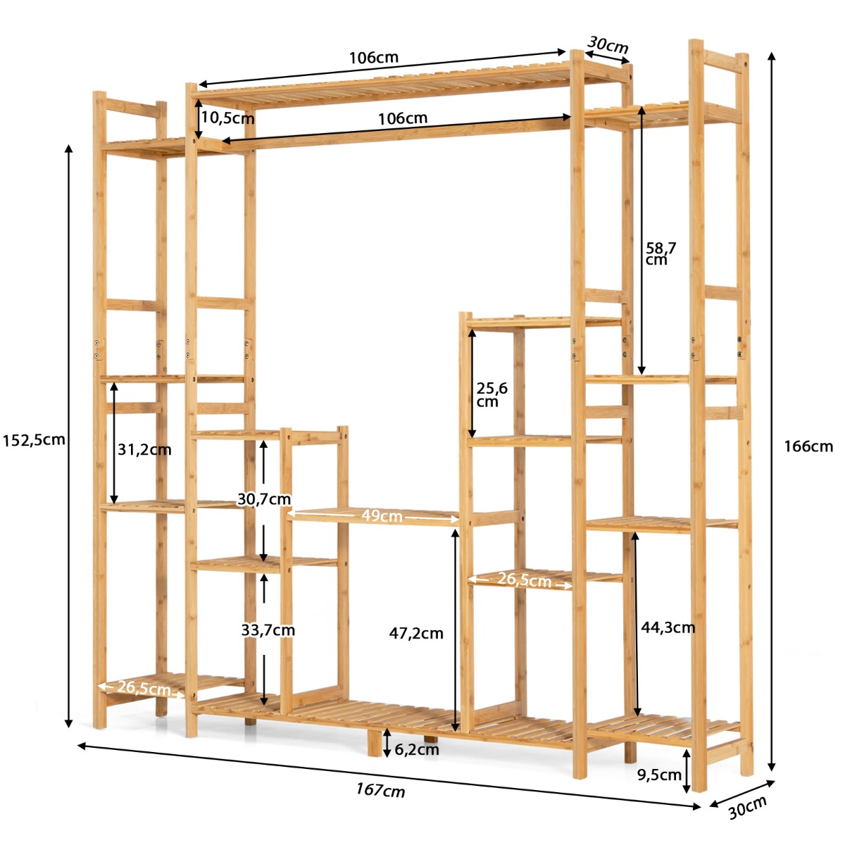 Soporte de Plantas de Bambú 2 en 1 Estante Colgante 9 Niveles Altura Ajustable Estantería para Balcón Jardín 167 x 30 x 166 cm Natural