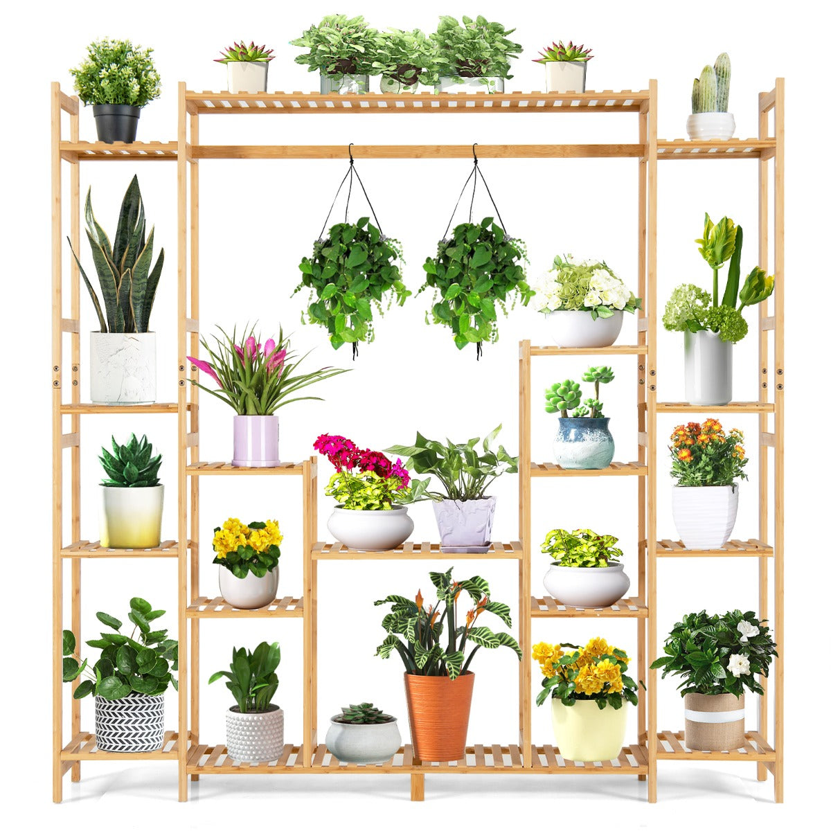 Soporte de Plantas de Bambú 2 en 1 Estante Colgante 9 Niveles Altura Ajustable Estantería para Balcón Jardín 167 x 30 x 166 cm Natural