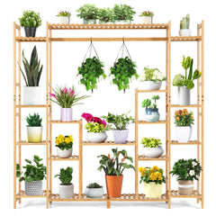 Soporte de Plantas de Bambú 2 en 1 Estante Colgante 9 Niveles Altura Ajustable Estantería para Balcón Jardín 167 x 30 x 166 cm Natural