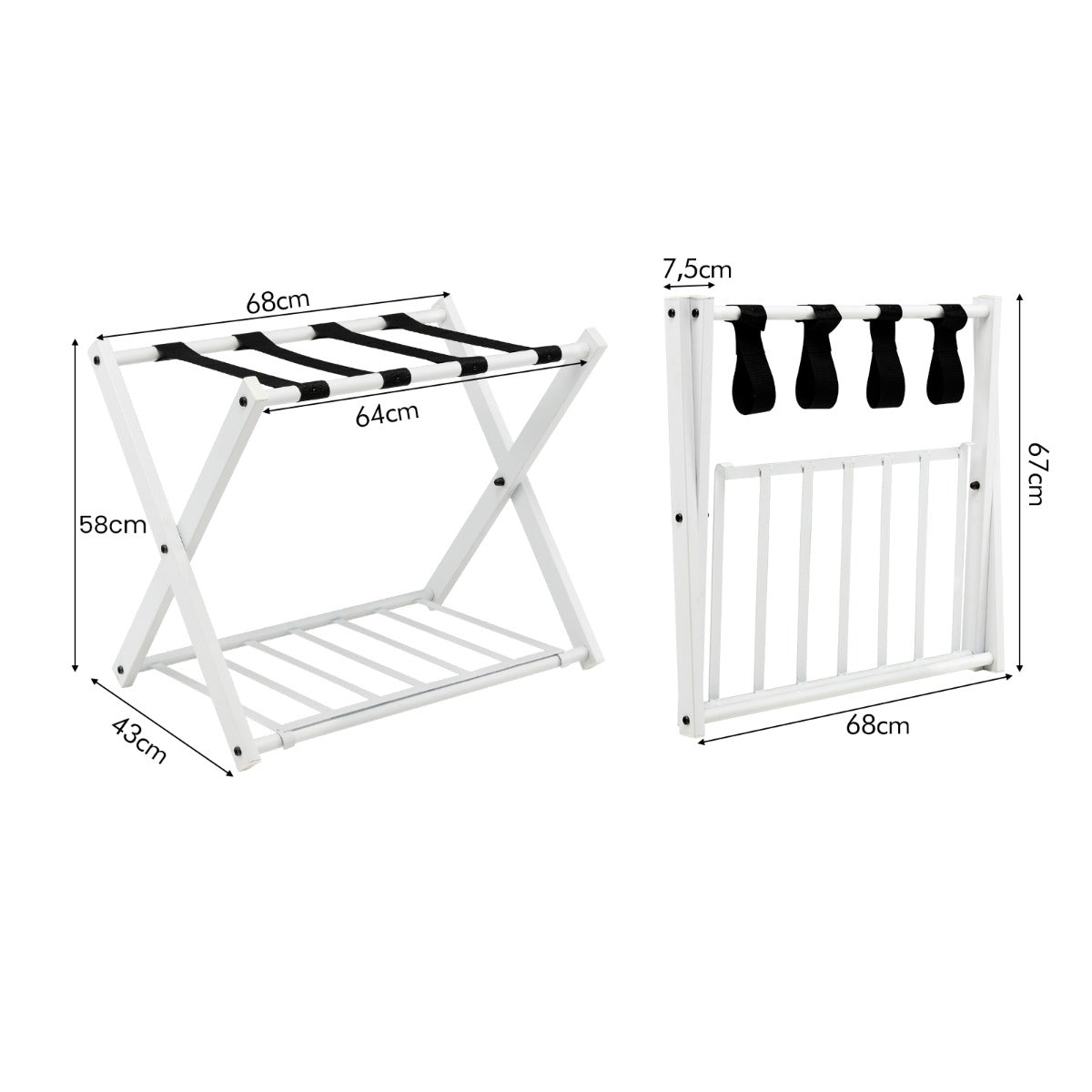 2 x Estante Plegable para Maletero Soporte de Metal para Maletas Hasta 60kg con 4 Correas Estables y Diseño de 2 Pisos para Hogar Hotel Blanco