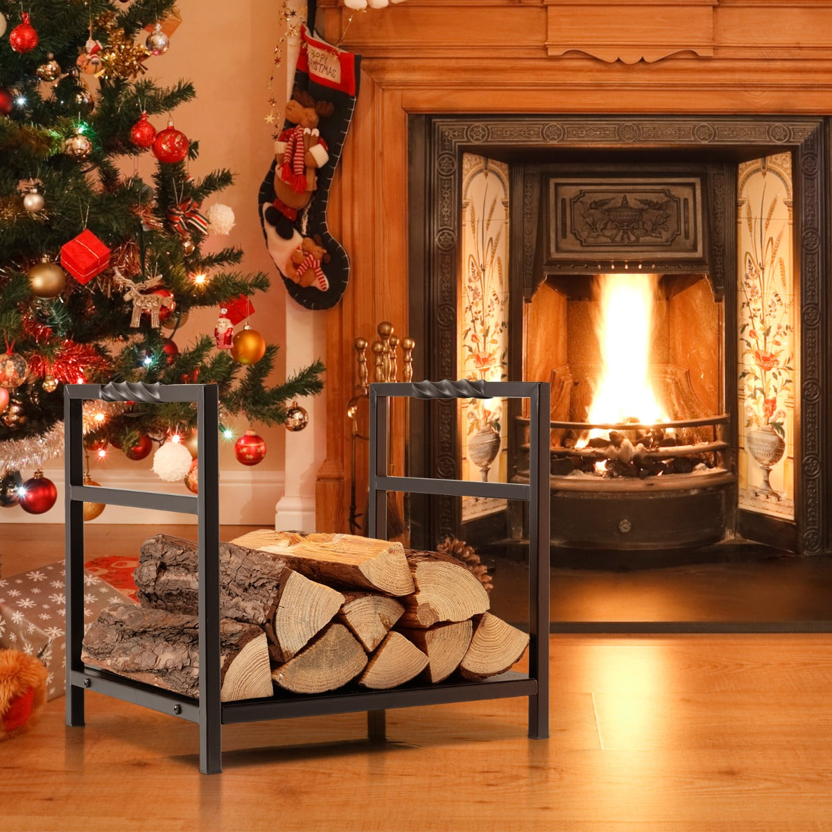 Soporte para Leña de Alta Resistencia con Pies Elevados para Chimenea Fácil de Montar 40 x 34 x 36 cm Negro
