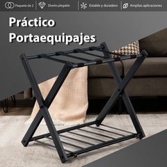 2 x Estante Plegable para Maletero Soporte de Metal para Maletas Hasta 60kg con 4 Correas Estables y Diseño de 2 Pisos para Hogar Hotel Negro
