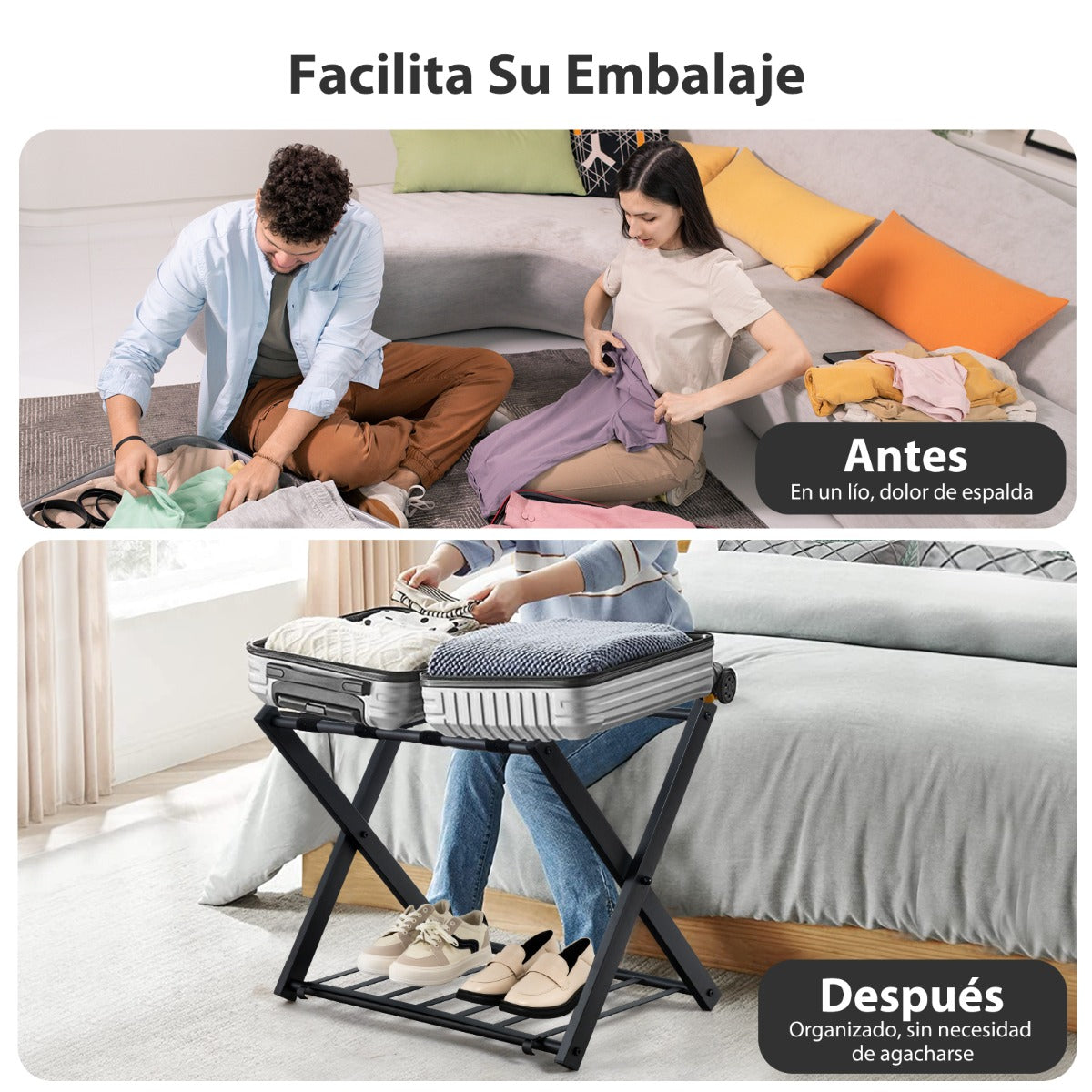 2 x Estante Plegable para Maletero Soporte de Metal para Maletas Hasta 60kg con 4 Correas Estables y Diseño de 2 Pisos para Hogar Hotel Negro