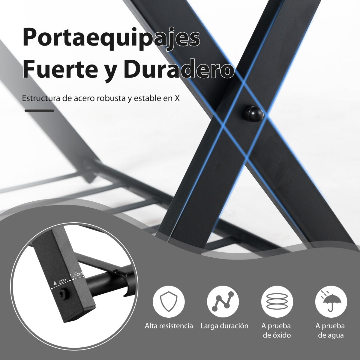 2 x Estante Plegable para Maletero Soporte de Metal para Maletas Hasta 60kg con 4 Correas Estables y Diseño de 2 Pisos para Hogar Hotel Negro