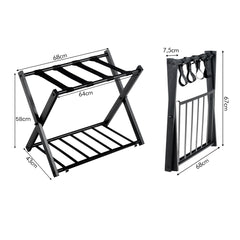 2 x Estante Plegable para Maletero Soporte de Metal para Maletas Hasta 60kg con 4 Correas Estables y Diseño de 2 Pisos para Hogar Hotel Negro