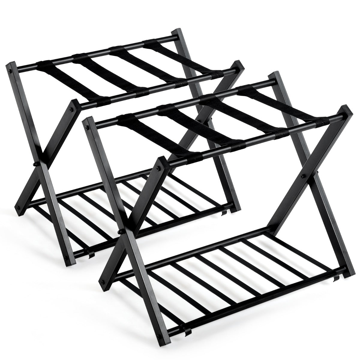 2 x Estante Plegable para Maletero Soporte de Metal para Maletas Hasta 60kg con 4 Correas Estables y Diseño de 2 Pisos para Hogar Hotel Negro