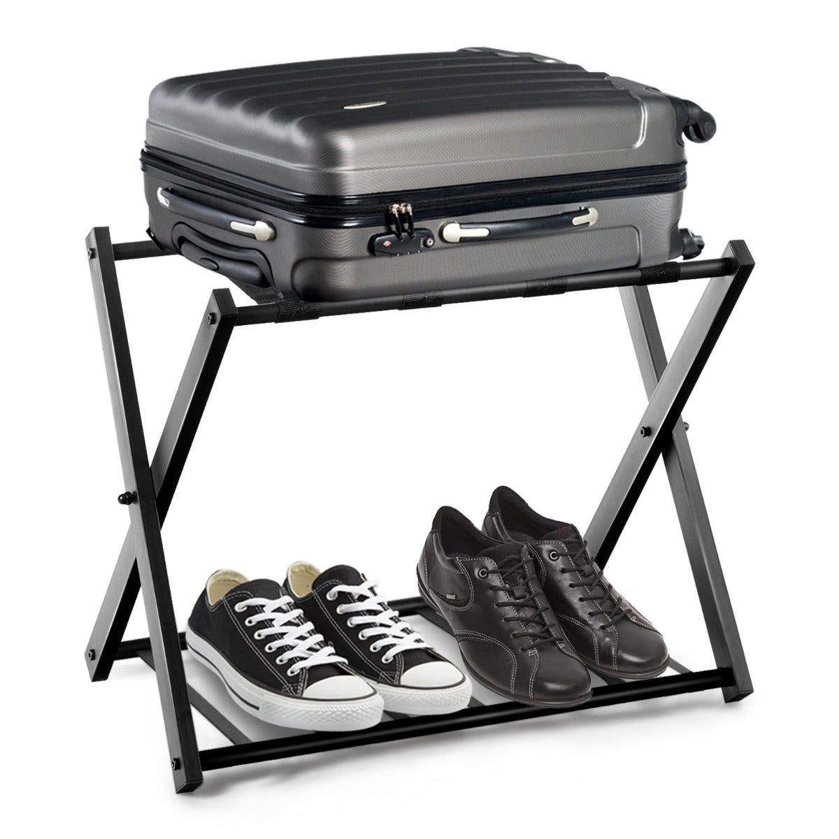 Estante Plegable para Maletero Soporte de Metal para Maletas Hasta 60kg con 4 Correas Estables y Diseño de 2 Pisos para Hogar Hotel Negro